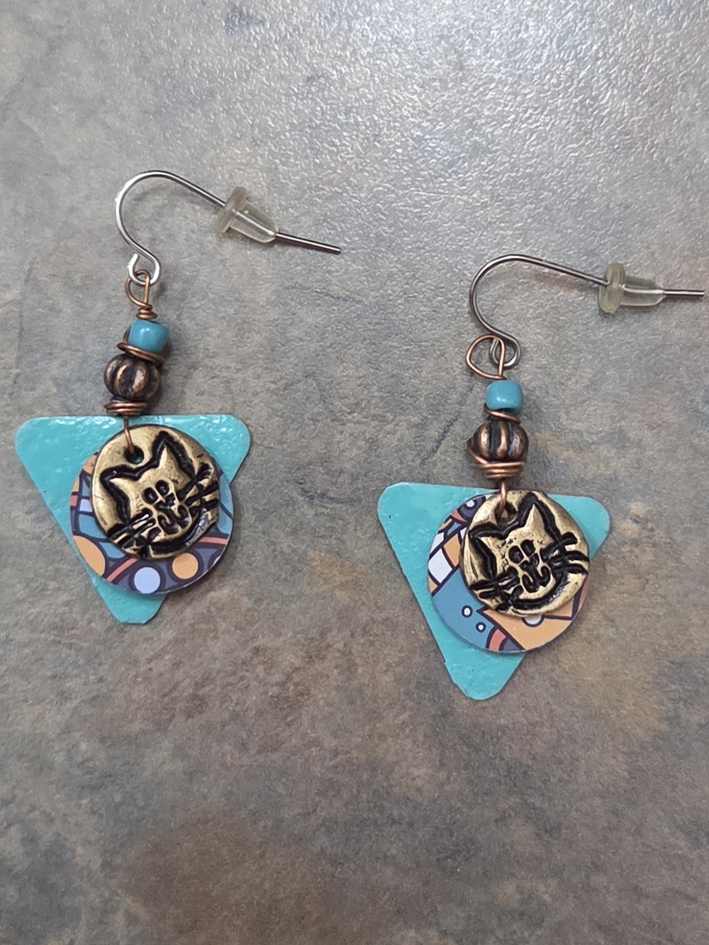 Handcrafted Turquoise Cat Drop Earrings - Unbranded